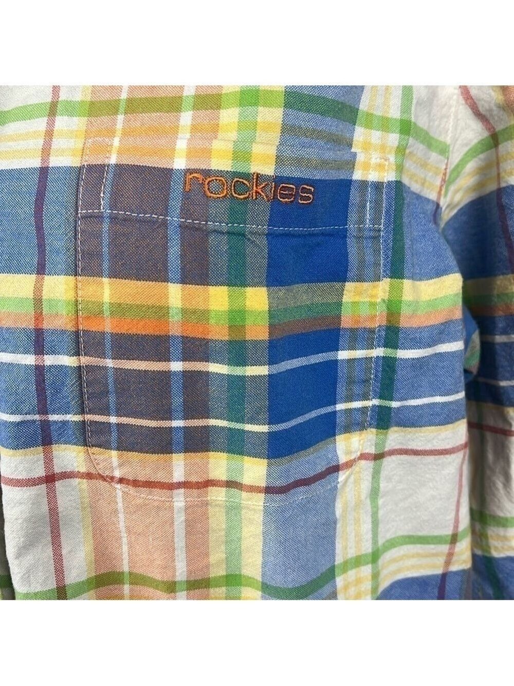 Rockies Cotton Shirt Button-Down Yellow/Blue Plaid Long Sleeve Rounded Hem Top - Picture 8 of 12